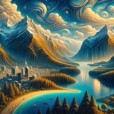 The primary subject of the image is a beautiful landscape featuring a large body of water, mountains, and a city. The setting is a picturesque scene with a serene atmosphere. The visual style is a combination of digital art and illustration, creating a vibrant and detailed image. The colors and mood are predominantly blue and green, with a touch of orange, reflecting the natural beauty of the environment.
